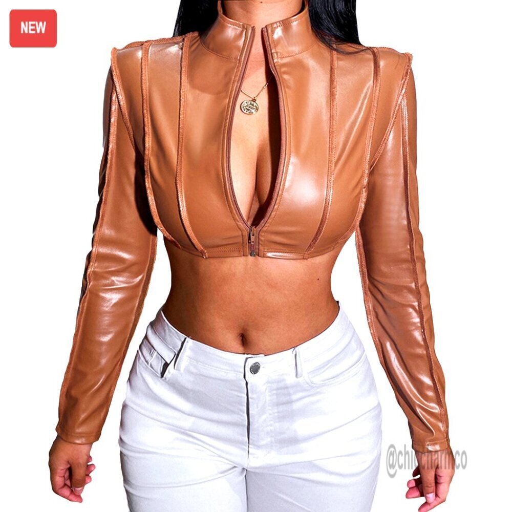 PU Leather Cropped Jacket Mock Neck Zip Up Y2K Chic Streetwear Bolero Coat